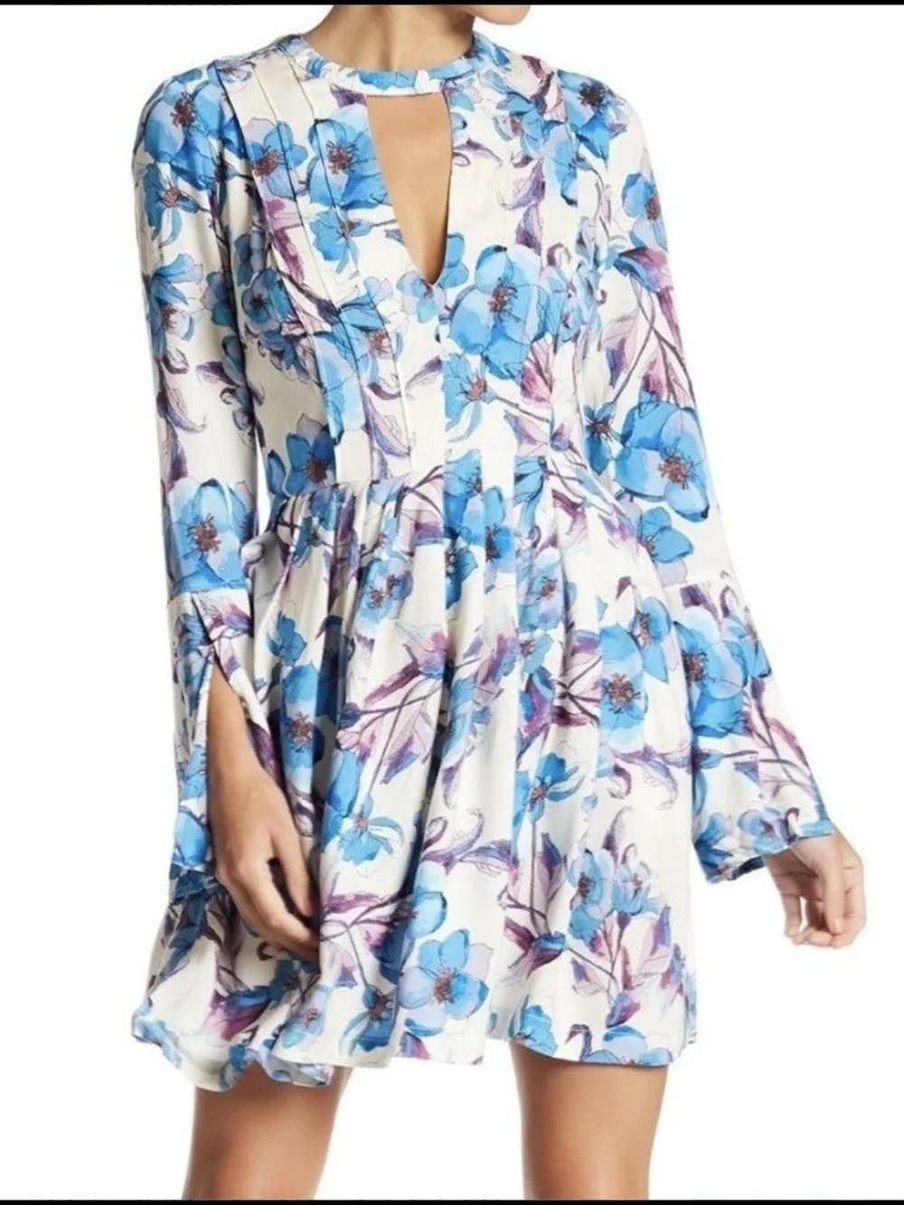 Free People Blue Floral Keyhole Long-Sleeve Mini Dress